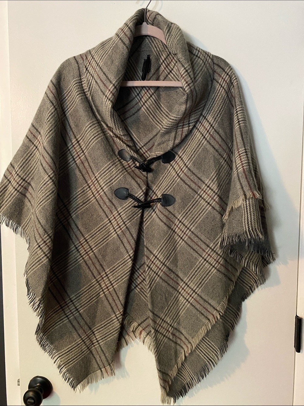 Plaid Fringe Toggle Poncho in Taupe and Brown